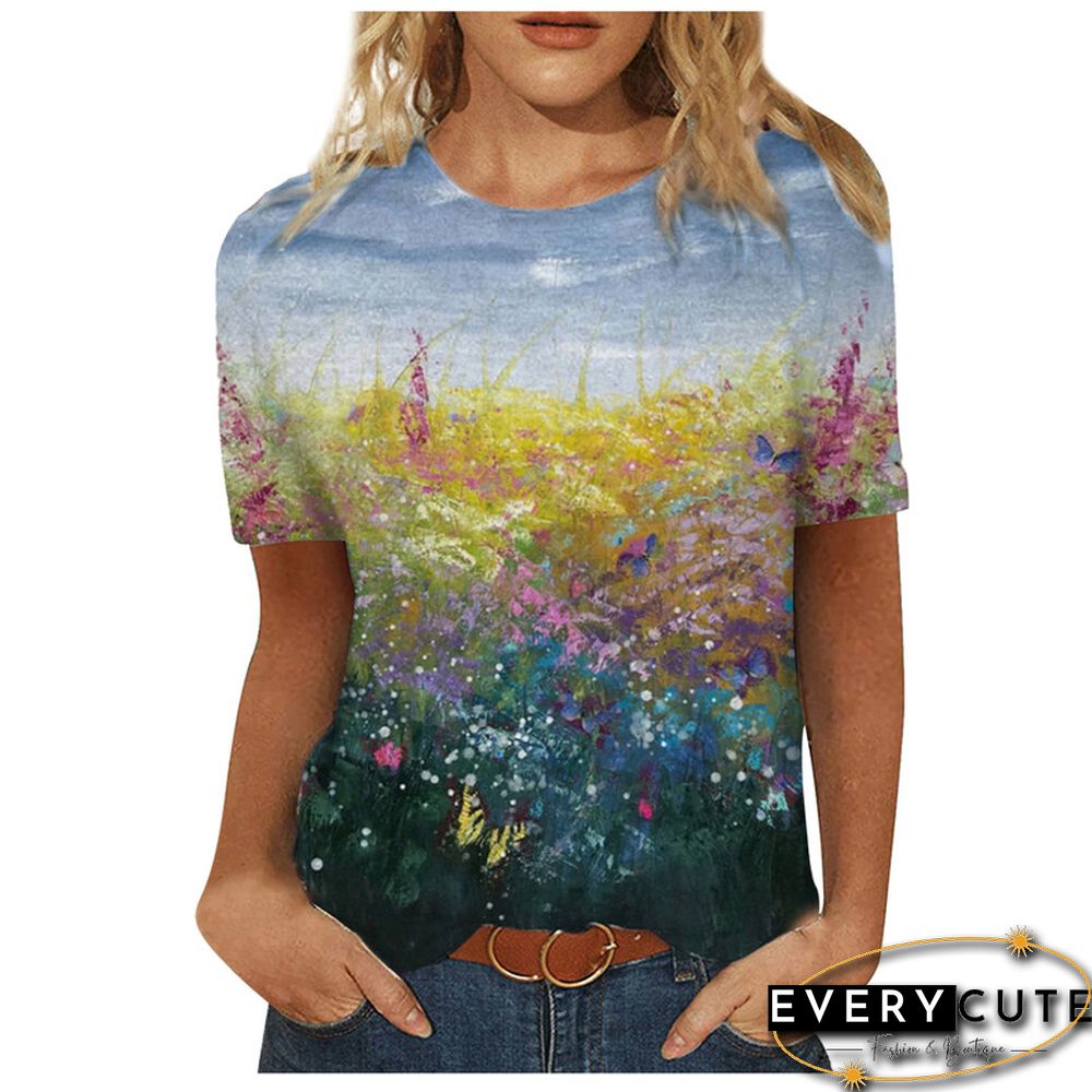 Women 3D Landscape Painting Positioning Sunflower Print T Shirt New Summer Vintage Casual Short Sleeve O-Neck Size Top