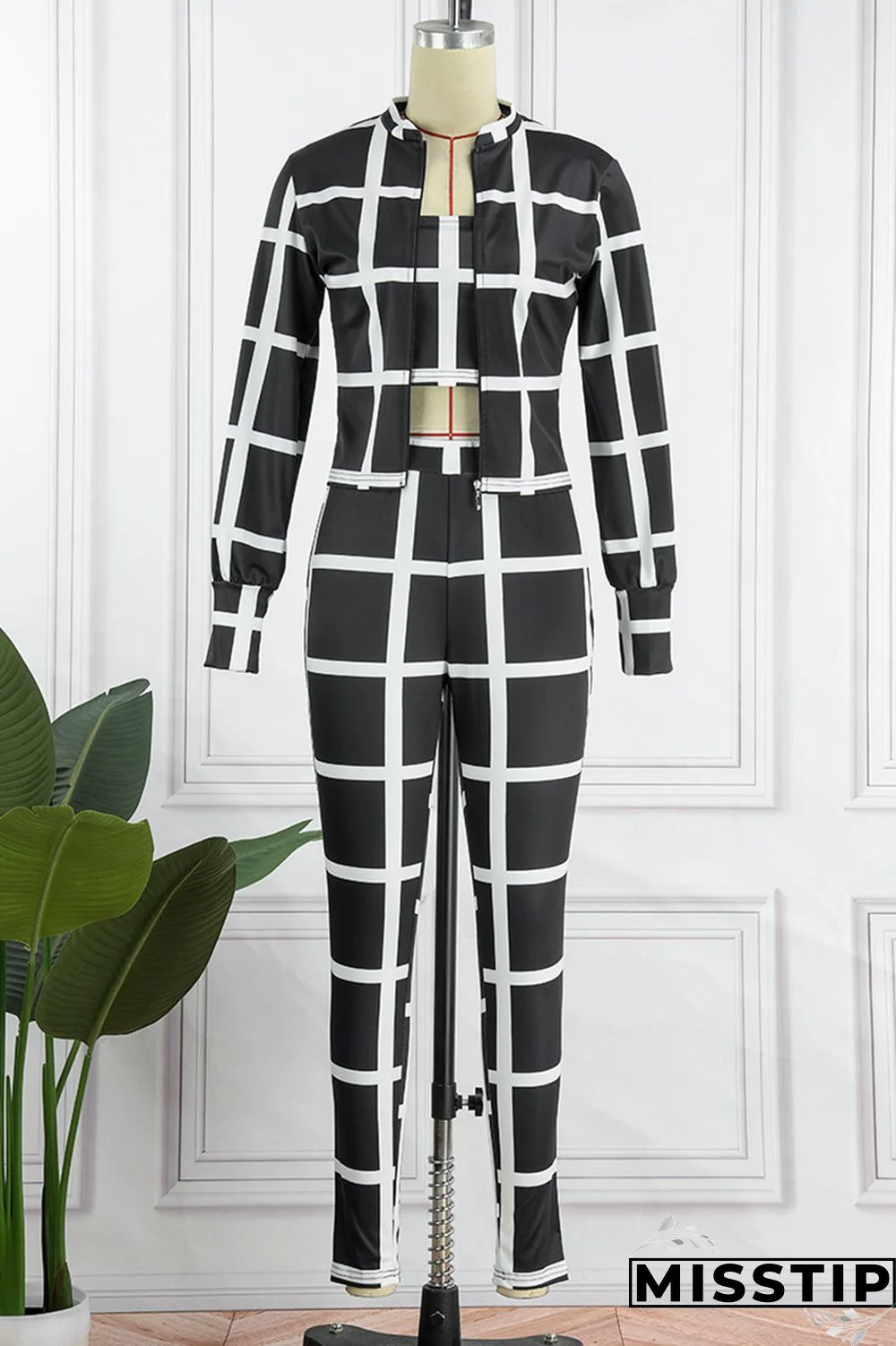 Black Casual Print Patchwork Turndown Collar Long Sleeve Three-piece Set