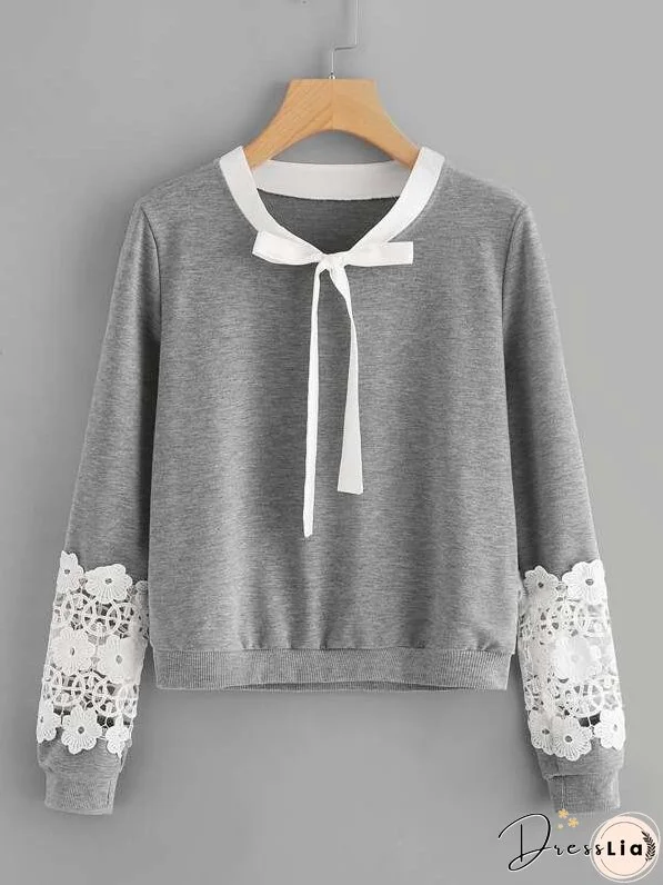 Contrast Crochet Bow Tie Neck Marled Sweatshirt for Women