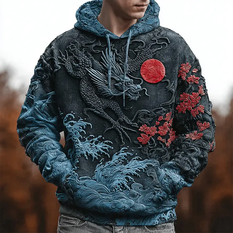 Japanese Dragon Embossed Art Men's Hooded Sweatshirt