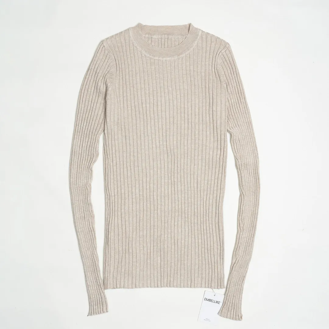 Women Sweater Pullover Basic Ribbed Sweaters Cotton Tops Knitted Solid Crew Neck With Thumb Hole