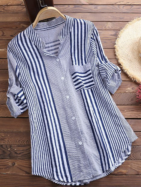 Button Down Stripe Linen Shirts With Pocket
