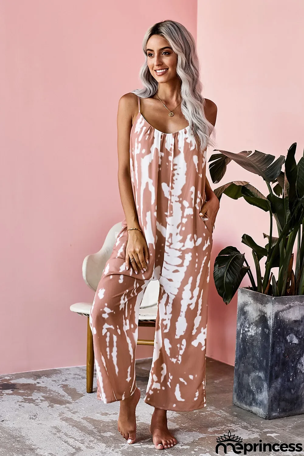 Pink Spaghetti Strap Tie Dye Baggy Long Pants Romper