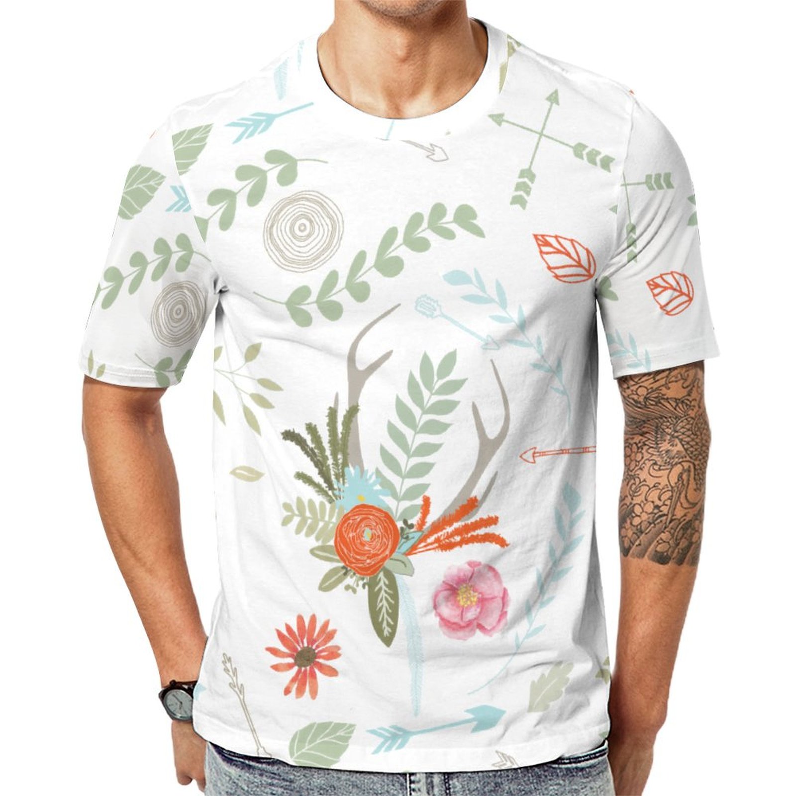 Forest Arrows And Deer Antler Floral Short Sleeve Print Unisex Tshirt Summer Casual Tees for Men and Women Coolcoshirts