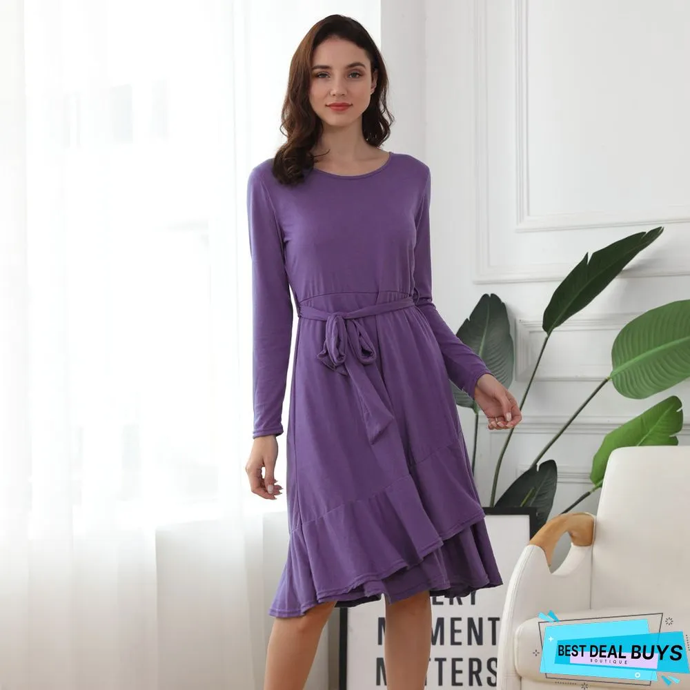 Solid Color Round Neck Ruffled Lace Dress