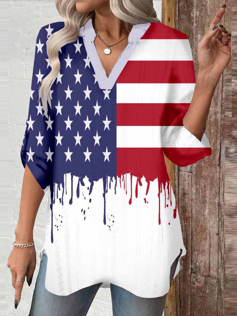 Women  Independence Day, Star, Striped, Blue, Red DZGA0221 3/4 Sleeve V-neck Printed Graphic Button Tops