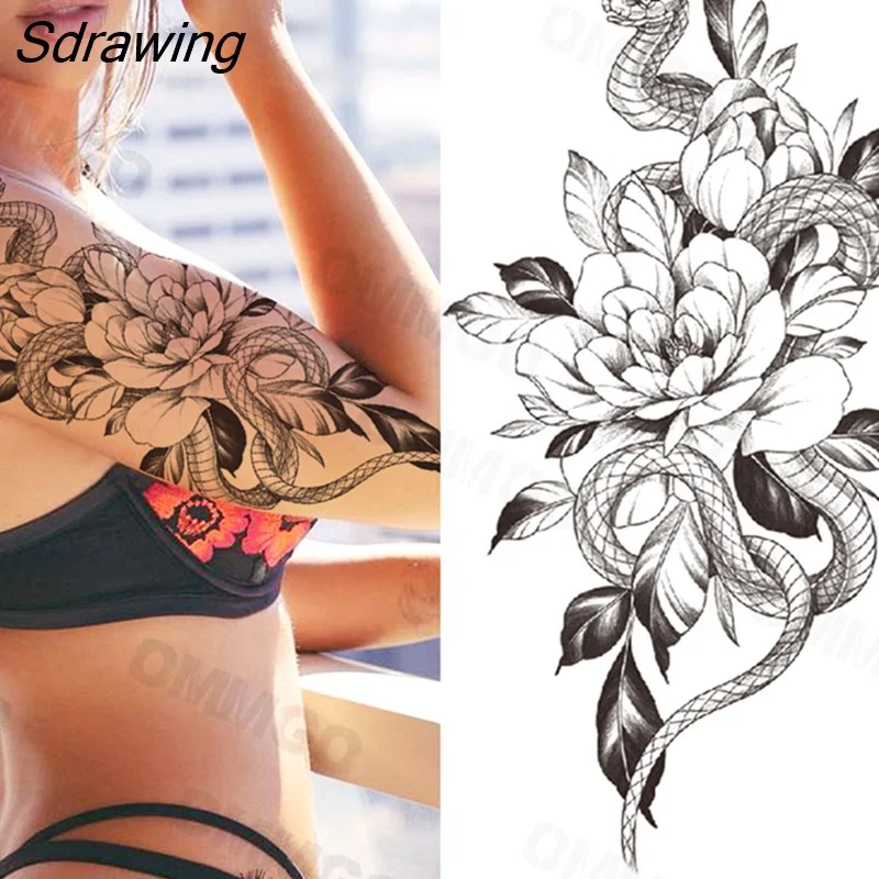 Sdrawing Rose Flower Skeleton Temporary Tattoos For Women Adult Girl Lion Tiger Crown Fake Tattoo Body Art Painting Tatoo Decal