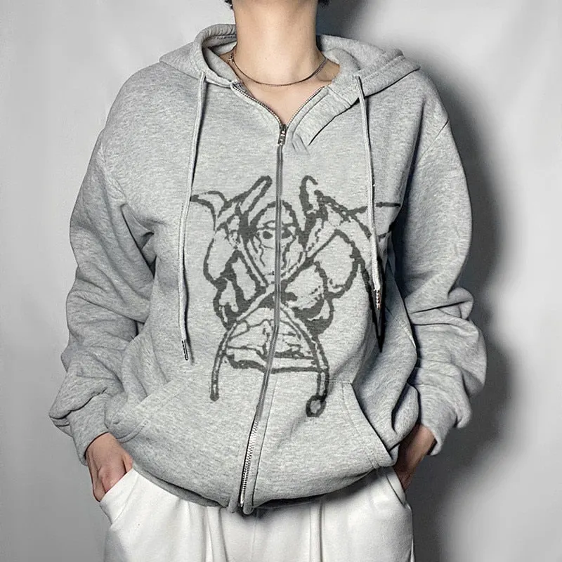 Xingqing Women Full Zip Hoodies Fashion Portrait Print Long Sleeve Loose Sweatshirt Tops Y2K Aesthetic Ladies Clothes Streetwear