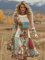 Women's Patchwork Floral Art Cozy Knit Sweater Dress