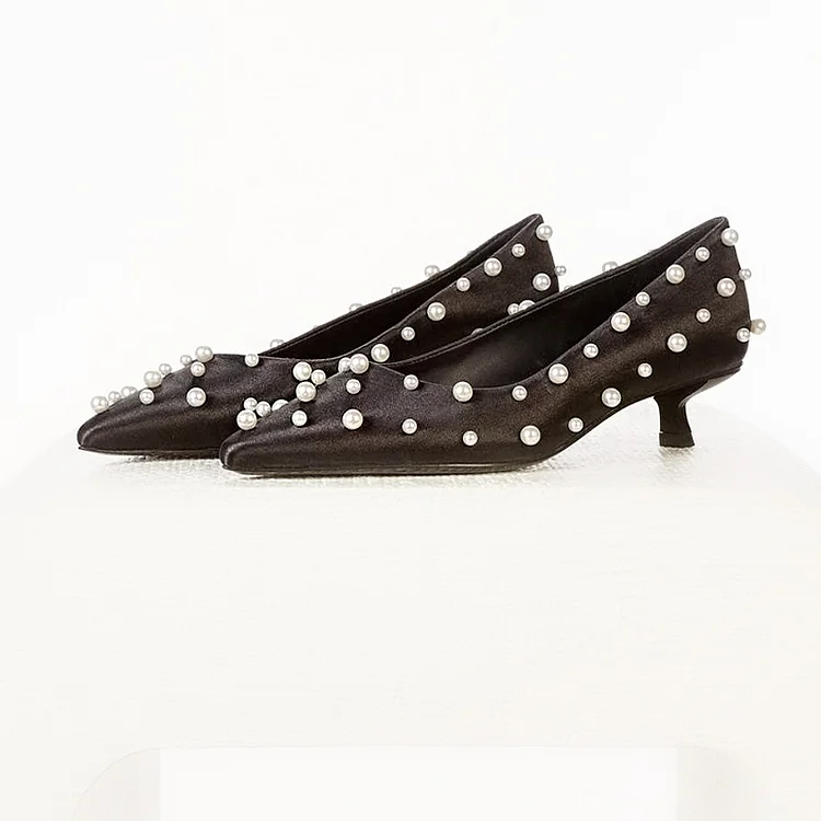 Black Pearls Kitten Heels Party Pumps Vdcoo