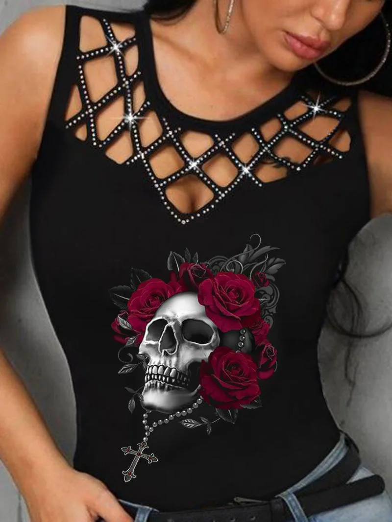 Skull Printed Floral Hollow Out T-shirt