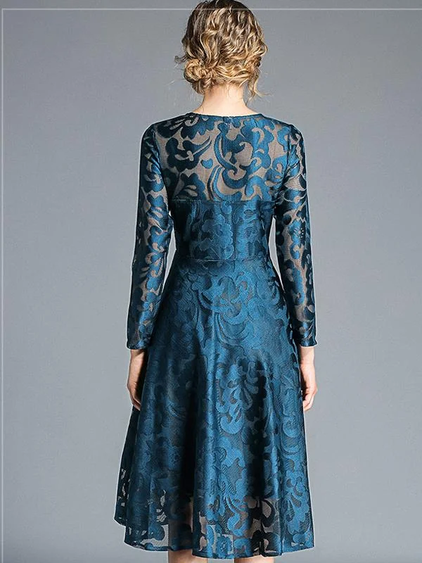 Temperament mid-length lace big swing long-sleeved dress