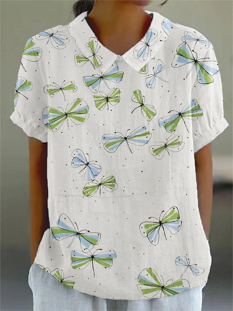 Women's Dragonfly Art Pattern Print Casual Cotton And Linen Shirt