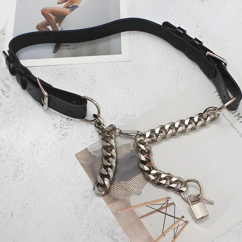 Brownm Lock Faux Leather Chain Belt