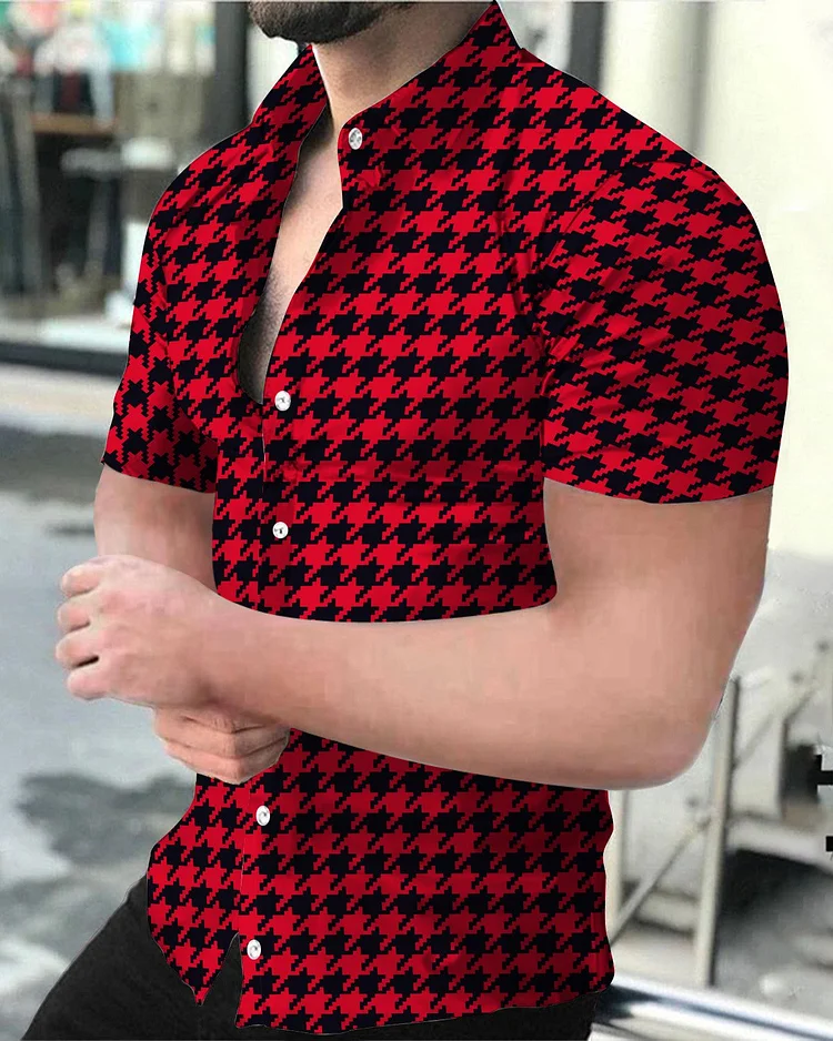 Casual Red Check Print Men's Shirt at Hiphopee