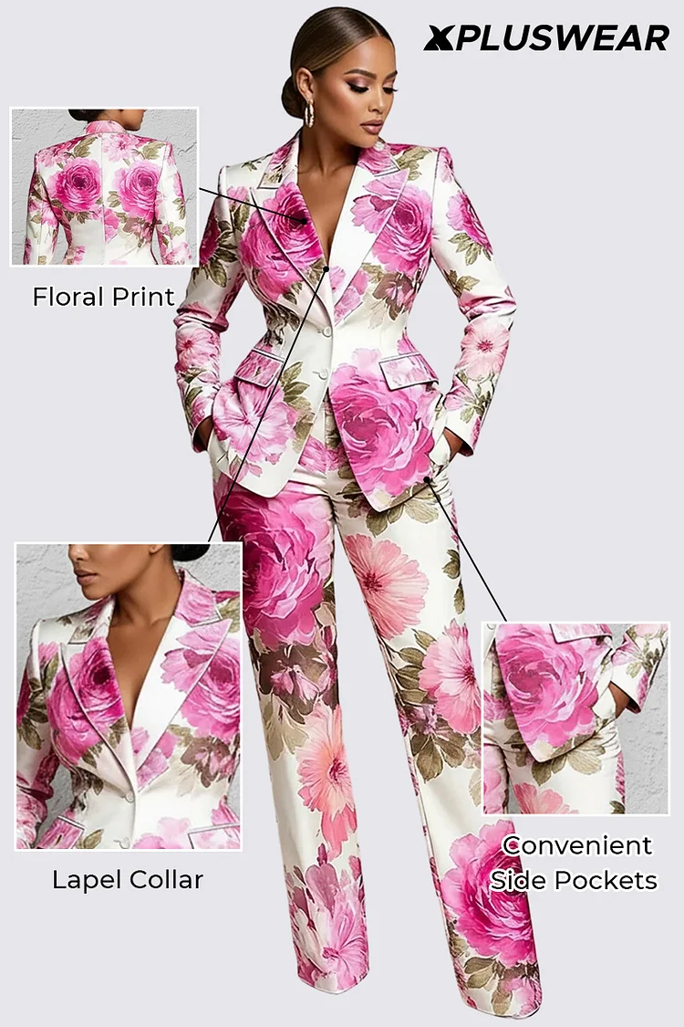Xpluswear Design Plus Size Formal Pink Floral Lapel Collar Long Sleeve Pocket Two Piece Pant Suits