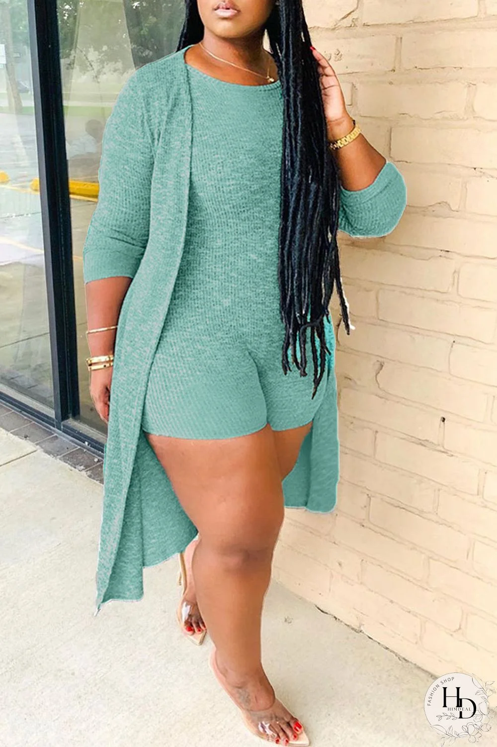 Grey Fashion Casual Solid Cardigan O Neck Plus Size Two Pieces