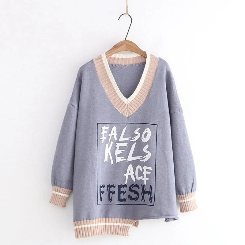 Autumn and winter 2021 new fashion wild V-neck irregular hem letter printed pullover sweater sweater women