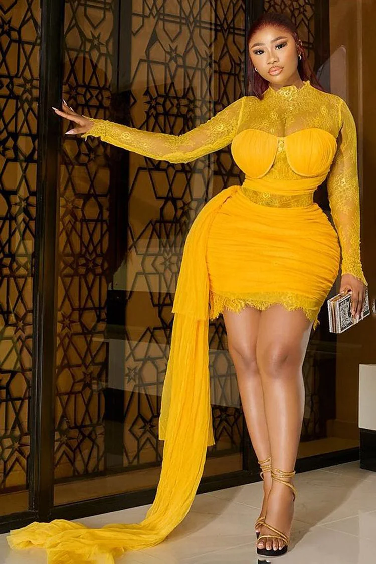 Lace Patchwork Long Sleeve Sash Bodycon Mini Dresses-Yellow [Pre Order]