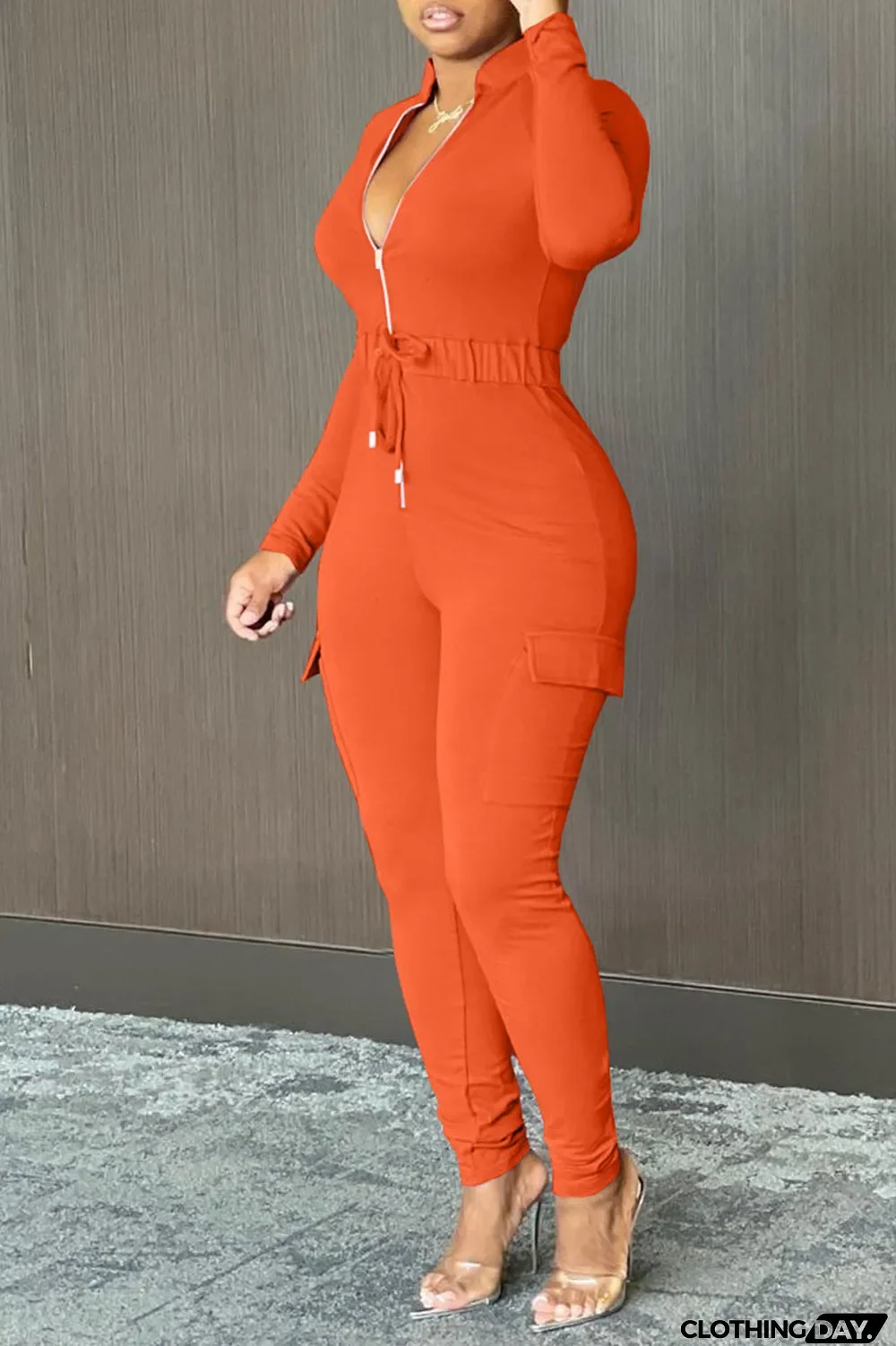 Tangerine Red Casual Solid Split Joint Draw String Pocket Zipper Collar Regular Jumpsuits