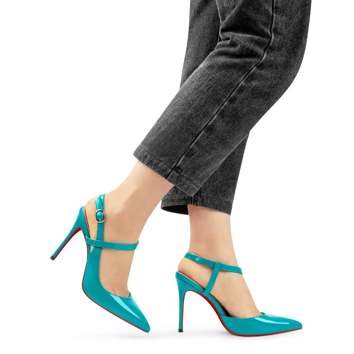 100mm Women Slingback Patent Pumps Ankle Strap Jenlove Stiletto Mid Heel Close Pointed Toe Dress Red Bottoms Shoes