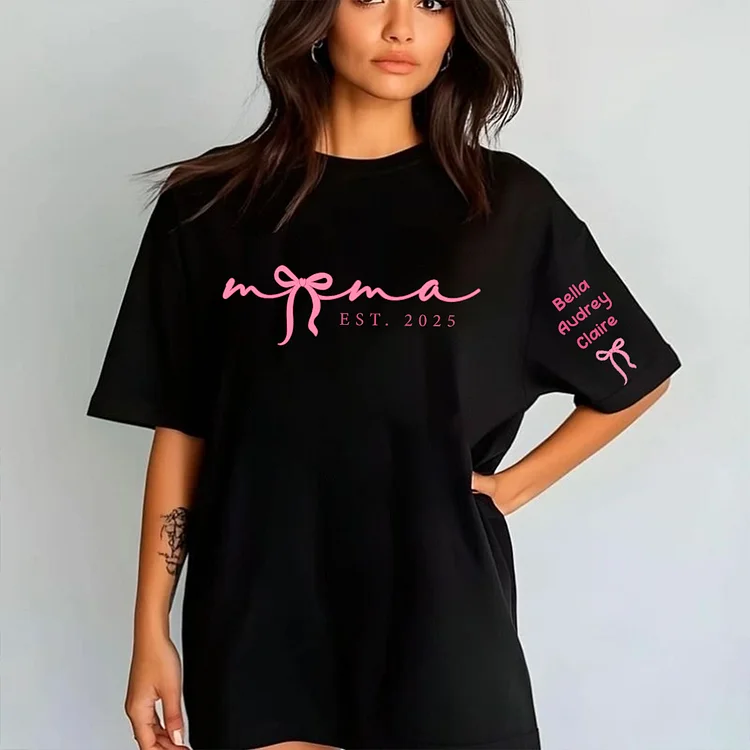 Mama Est 2025 Coquette Shirt, Mama T-shirt, Mama Pink Schleife Tee, Custom Kids Name On Sleeve, Custom Birth Year