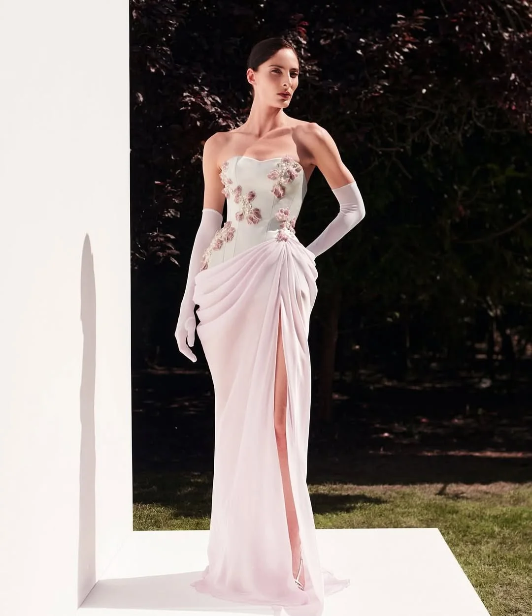 Unique Straight Across Applique Pleated Prom Dress With Gloves YK0152