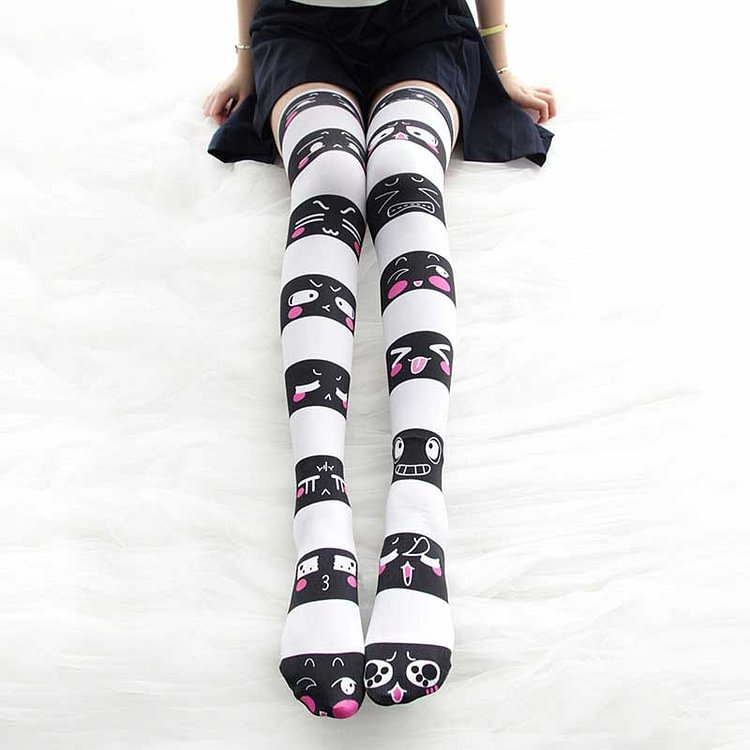 Cartoon Stripe Lemon Print Over the Knee Stockings - Modakawa Modakawa