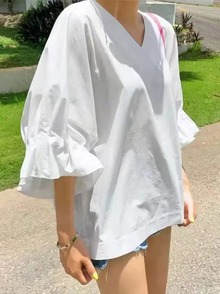 Oocharger Batwing Sleeve Women Shirts Solid V Neck Ruffles Japan Style Summer Blouses Vintage Elegant Work Fashion Blusas Mujer