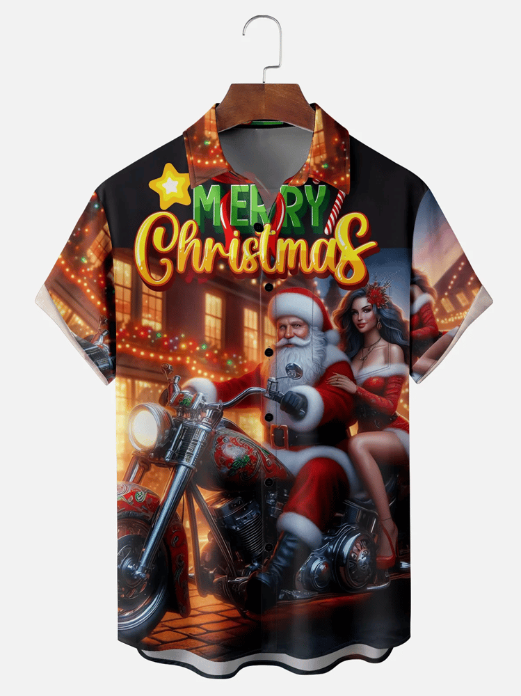 Santa Motorcycle Print Short Sleeve Shirt