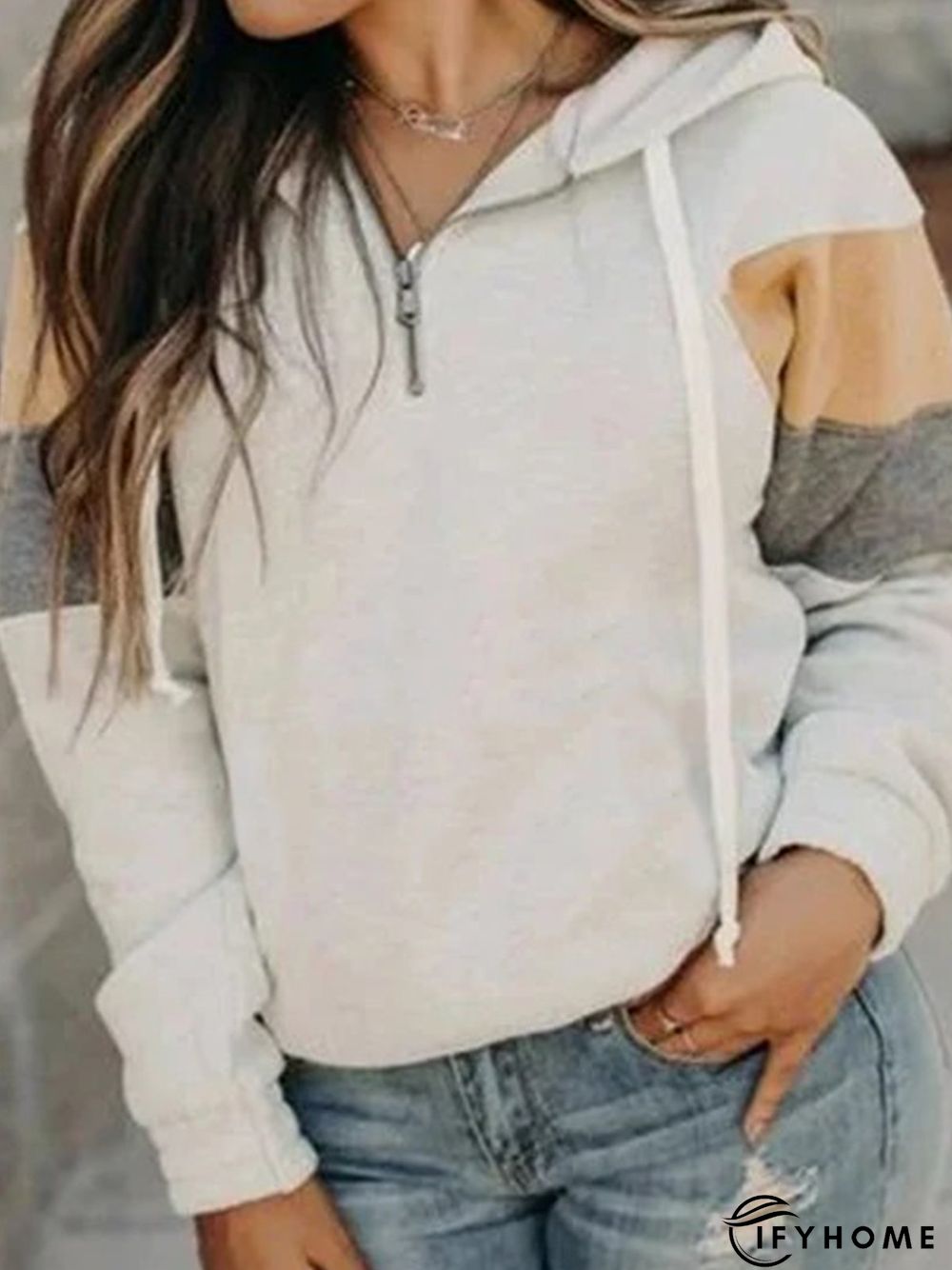 Cotton-Blend Casual Color Block Hooded Sweatshirt | IFYHOME