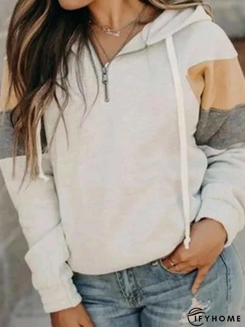 Cotton-Blend Casual Color Block Hooded Sweatshirt | IFYHOME