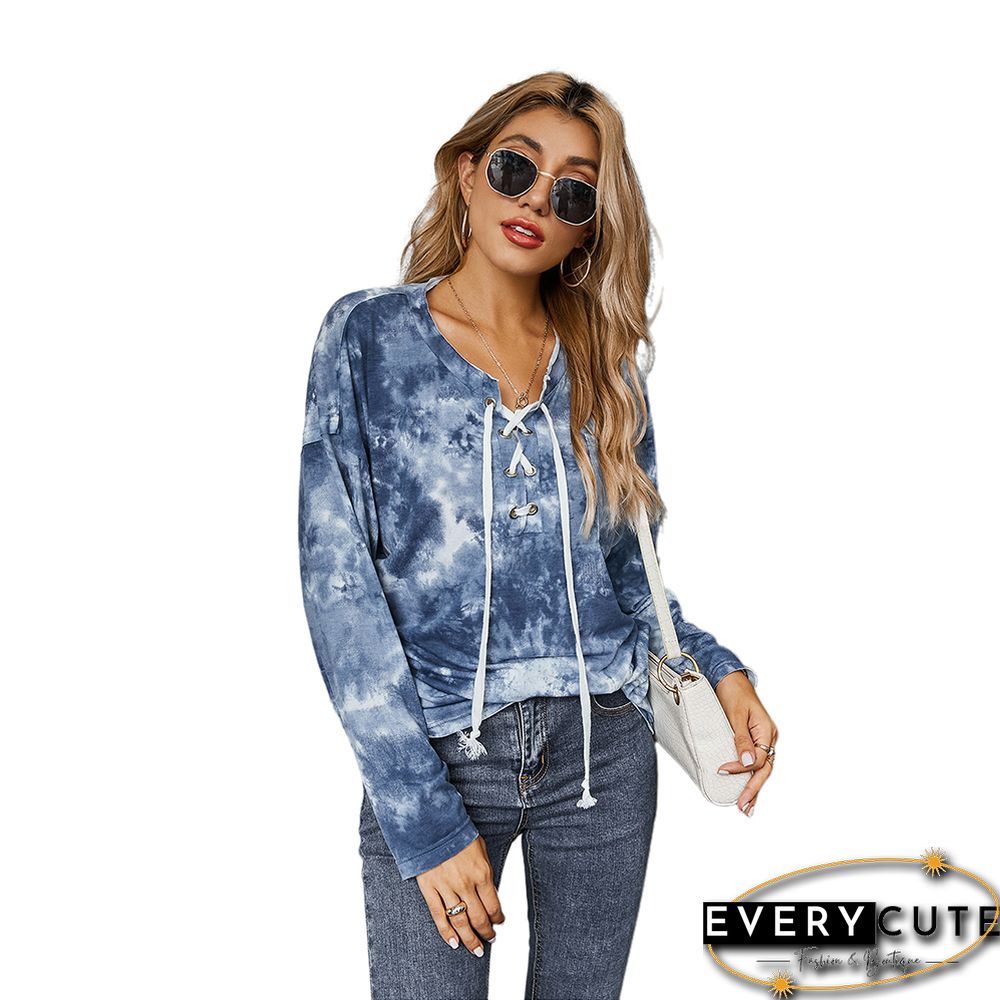 Navy Blue Tie Dye Long Sleeve Top with Rope Drawstring
