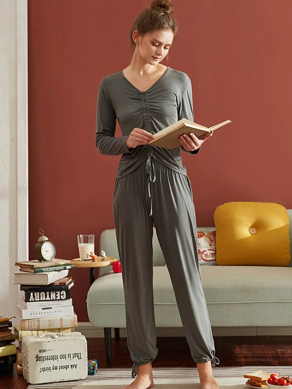 Comfortable V-Neck Drawstring T-Shirt&Pants Pajama Set