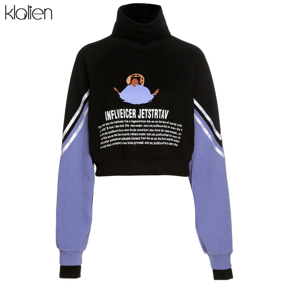 KLALIEN Autumn Fashion Long Sleeve Turtleneck Letter Patchwork Women Hoodie New 2021 Casual Loose Wild Basic Female Sweatshirt