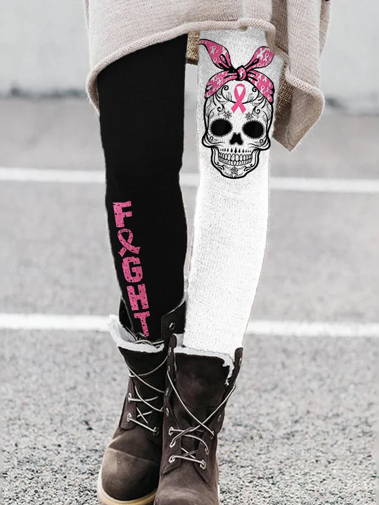 Fight Pink Ribbon Pink Skull Contrast Leggings