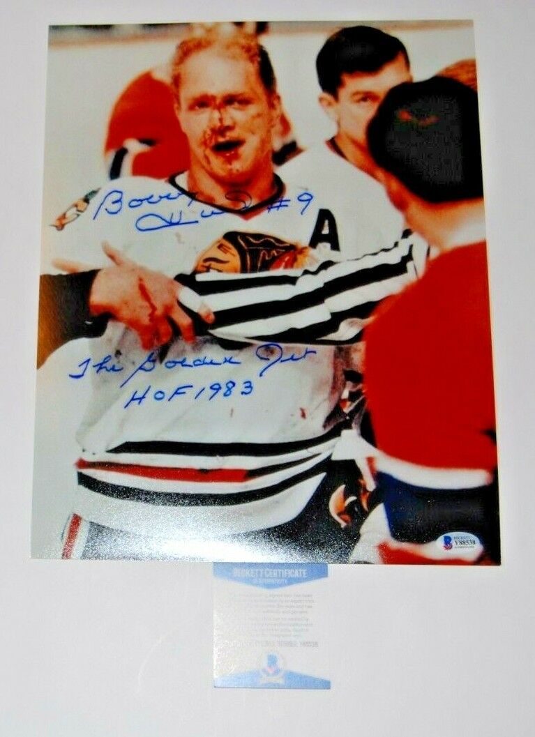 BOBBY HULL signed (CHICAGO BLACKHAWKS) Bloody Hockey 11X14 Photo Poster painting BECKETT BAS #3