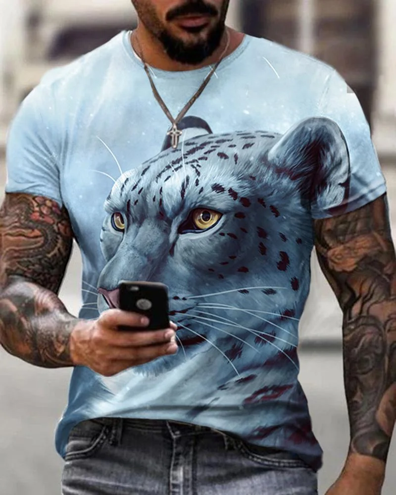 Street Fashion Men's Blue Tiger Print T-shirt