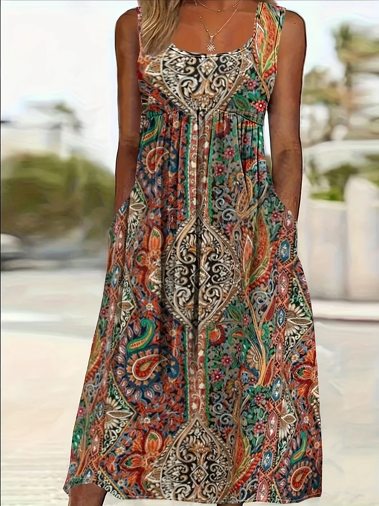 Plus Size - Vibrant Plus Size Paisley Print Sleeveless Maxi Dress For Women - Vibrant Red, Blue & Golden Design, Boat Neck, Side Pockets, Perfect For Summer Vacations, Vacation Dress | Paisley Pattern Dress | Glossy Texture, Cute Dresse
