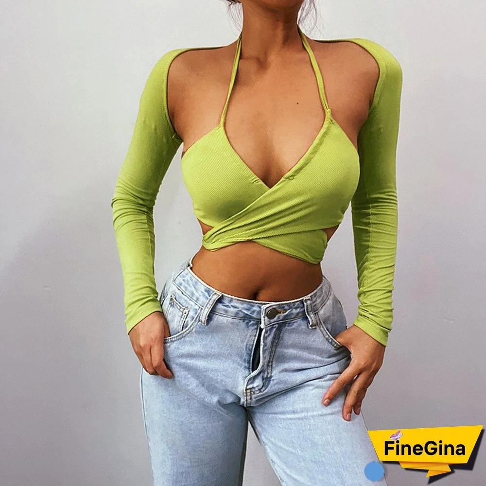 Women Top Cross Halter Hollow Out Bandage Super-Short Tank Y2K E-Girls Separate Long Sleeve Skinny Solid Tops