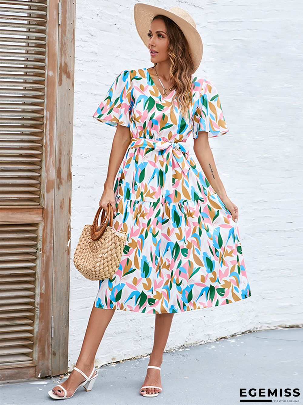 Bubble Sleeve V-neck Strapping High Waist Long Dress | EGEMISS