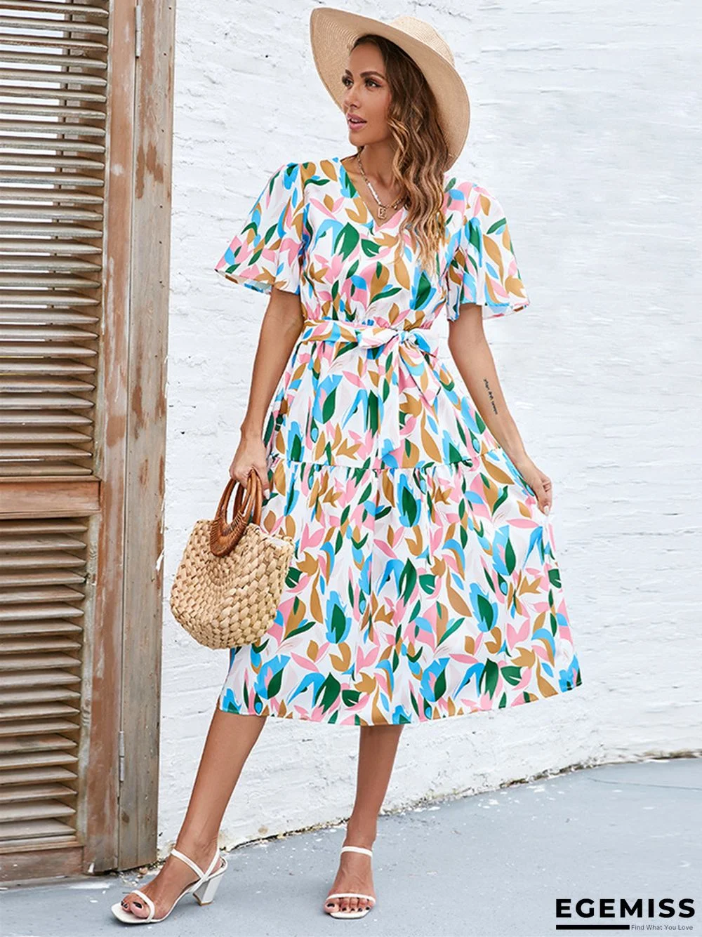 Bubble Sleeve V-neck Strapping High Waist Long Dress | EGEMISS