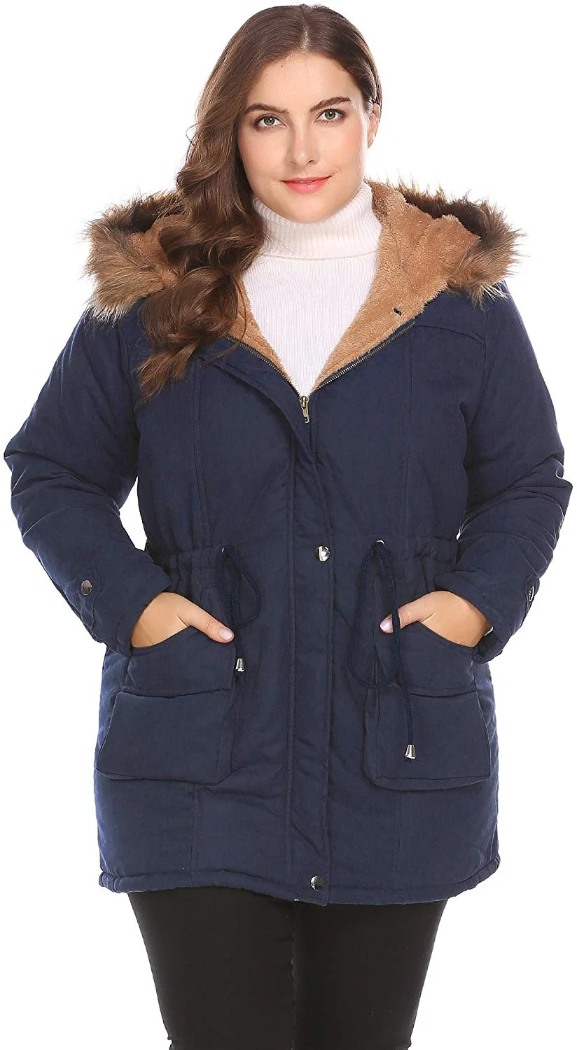 Womens Plus Size Military Hooded Warm Winter Faux Fur Lined Parkas Anroaks Long Coats