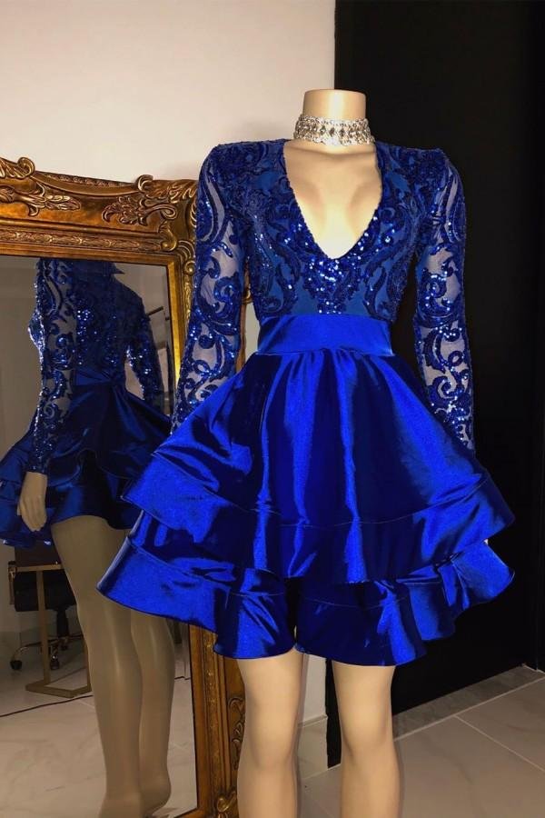 Long Sleevess Royal Blue Sequins Prom Dress Short Party Gowns - lulusllly