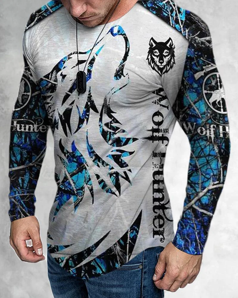Men's Casual Long Sleeved Creative Wolf Pattern T-shirt
