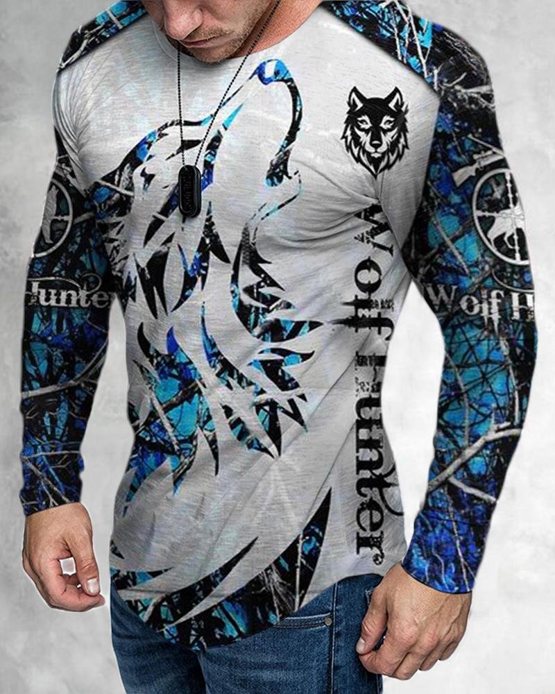 Men's Casual Long Sleeved Creative Wolf Pattern T-shirt