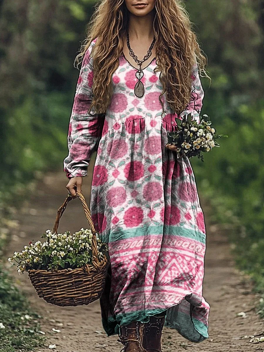 Women's Floral Patchwork Pattern Print Pocket Cotton V Neck Long Sleeve Dress