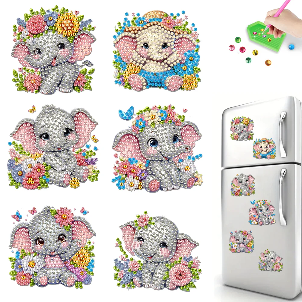 6Pcs Floral Elephant Acrylic Diamond Painting Fridge Stickers Diamond Magnets