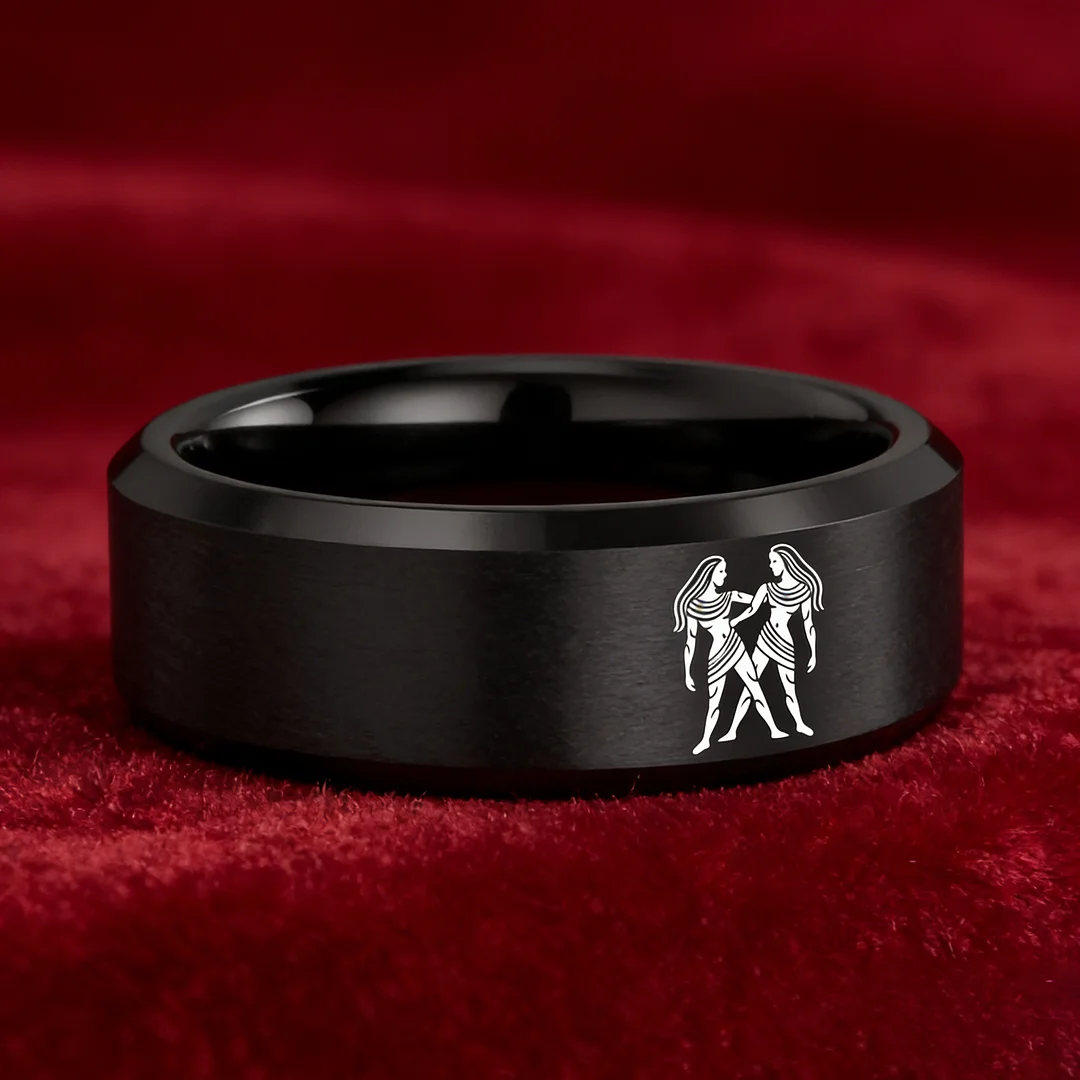 Black Gemini Tungsten Carbide Rings Beveled Edges Black Laser Etched Couple Wedding Bands 4MM 6MM 8MM Width