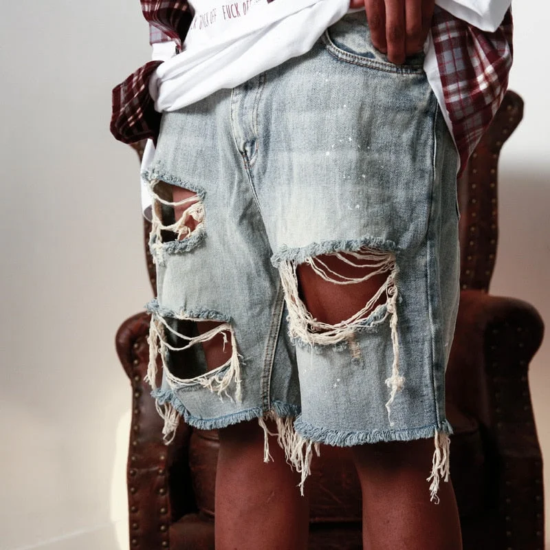 Inongge Summer Ripped Men Shorts Straight Loose Beggar Hole Denim Shorts High Street Hip Hop Male Shorts Jeans